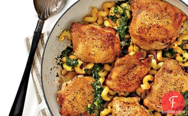 Crispy Chicken Thighs with Pasta and Pesto