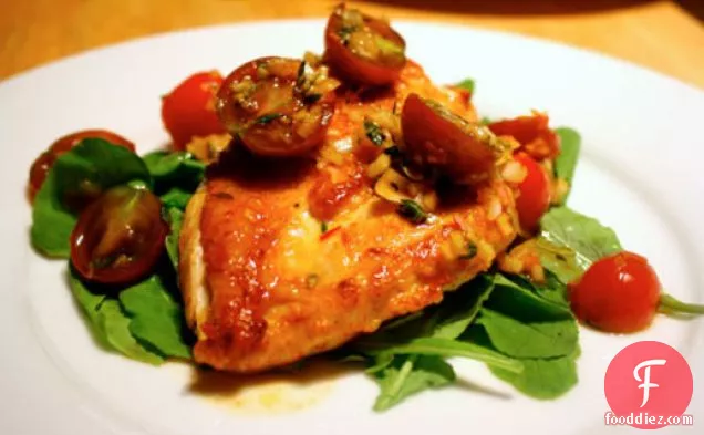 Dinner Tonight: Flattened Chicken with Tomato-Saffron Vinaigrette on Arugula