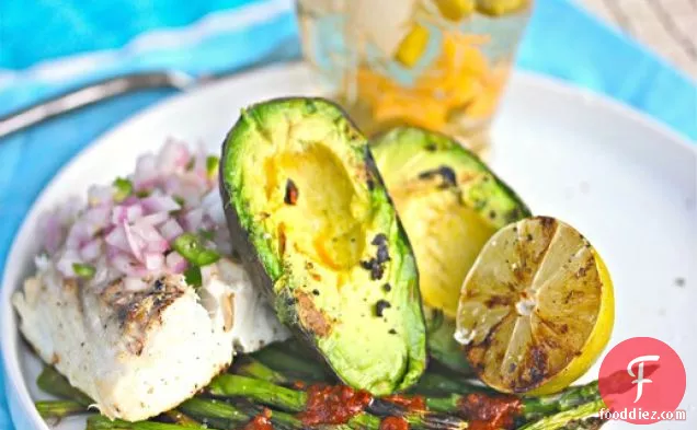 Grilled Halibut with Spicy Red Onion Relish, Avocados, Asparagus, and Chipotle Vinaigrette