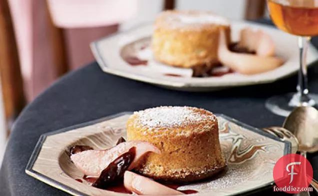 Fallen Toasted-Almond Soufflés with Poached Pears and Prunes