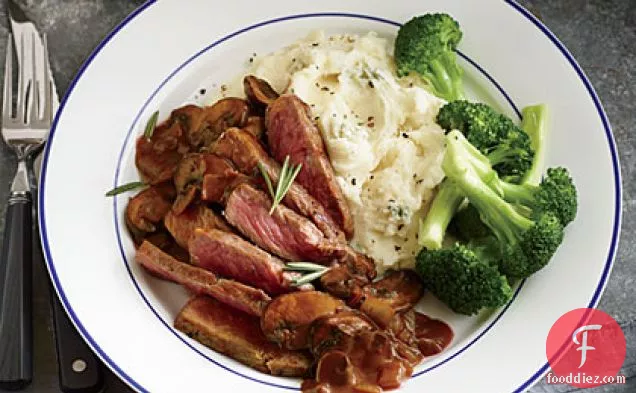 Seared Steaks with Red Wine, Mushrooms, and Onions