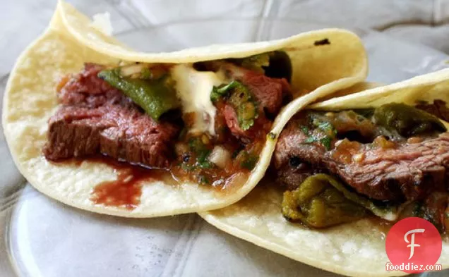 Steak Tacos with Roasted Tomato Green Chile Salsa