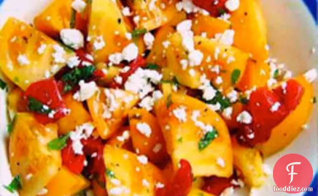 Healthy & Delicious: Yellow Tomato Salad with Roasted Red Pepper, Feta, and Mint