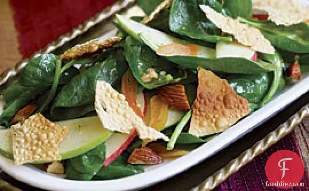 Spinach Salad With Apple, Dried Apricots & Pappadam Croutons