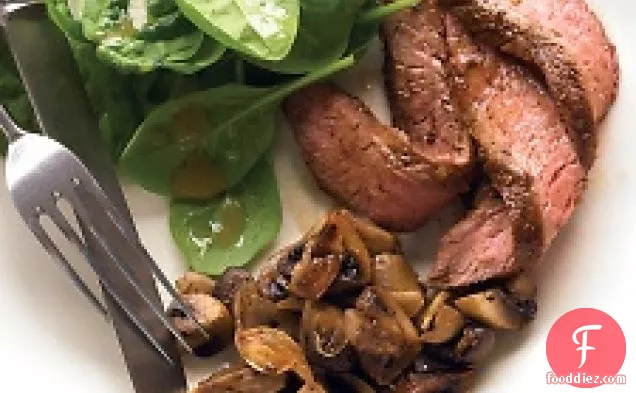 Seared Steak With Roasted Mushrooms And Spinach Salad
