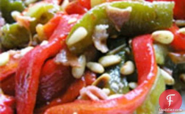 Dinner Tonight: Roasted Red Pepper Salad with Bacon Dressing and Pine Nuts