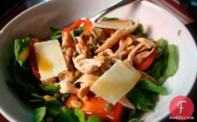Dinner Tonight: Warm Chicken Salad with Arugula, Capers, and Pine Nuts