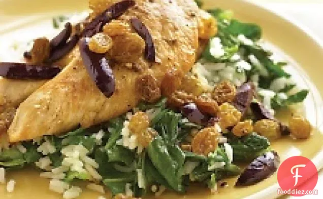Chicken With Olives, Raisins, And Spinach Rice