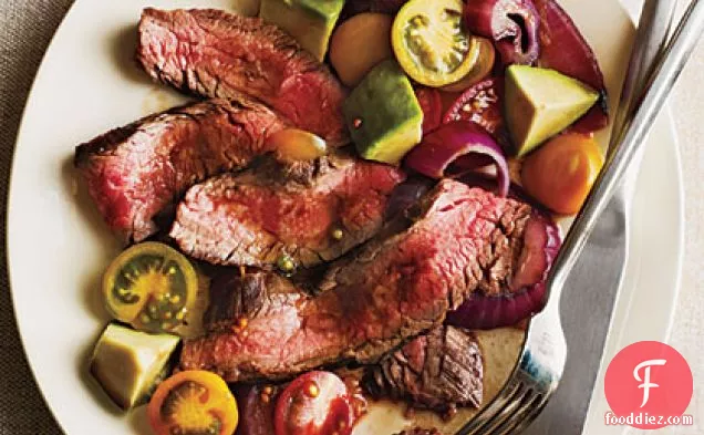 Grilled Flank Steak with Onions, Avocado, and Tomatoes