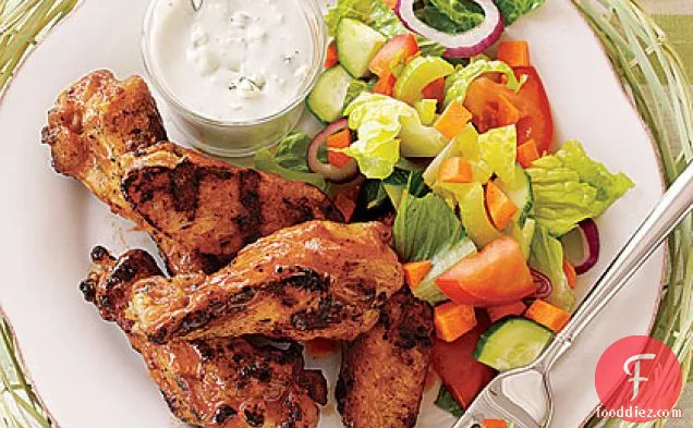 Grilled Buffalo Wings with Salad and Blue Cheese