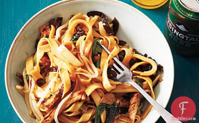Chinese Wide Noodles with Barbecue Pork and Dried Mushrooms