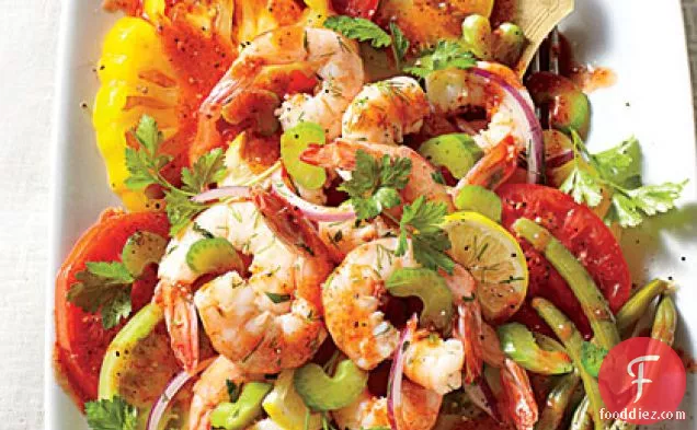 Bloody Mary Tomato Salad with Quick Pickled Shrimp