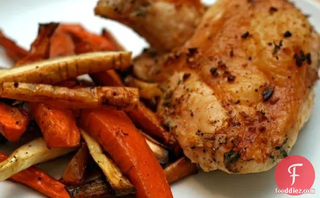 Dinner Tonight: Garlic-Roasted Chicken with Carrots and Parsnips