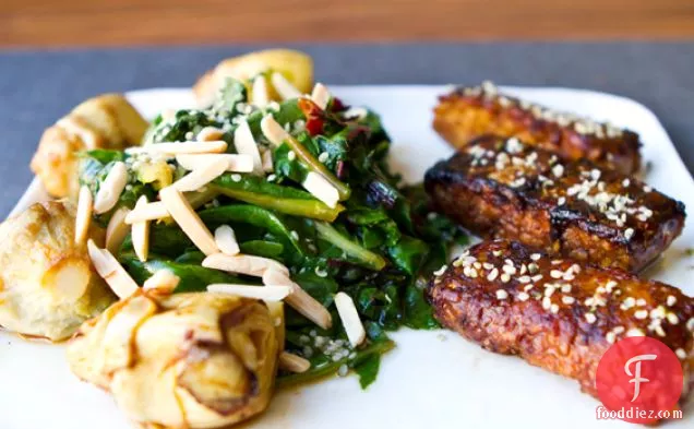 Sticky Blackened Tempeh, Apple Cider Chard