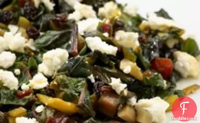Chard With Green Olives, Currants & Goat Cheese