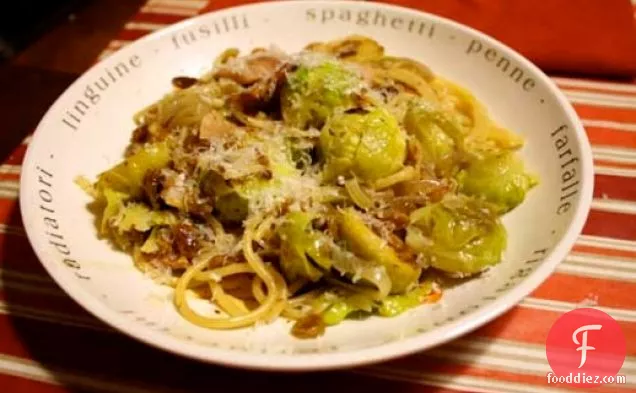 Dinner Tonight: Braised Brussels Sprouts with Bacon, Golden Raisins and Pasta