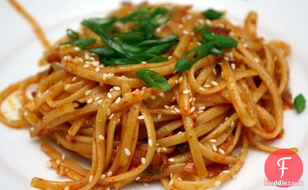 Kimchi Pasta with Bacon and Sesame Seeds