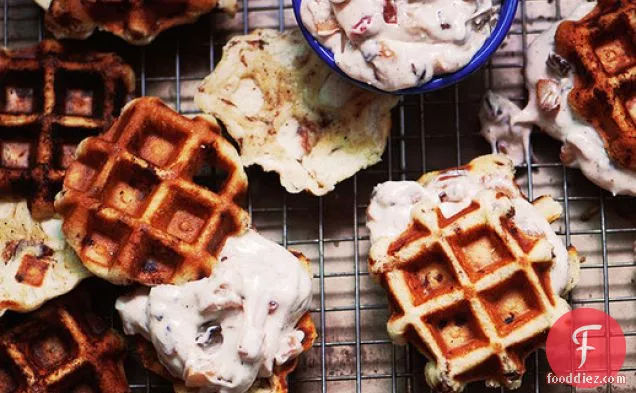 Cinnamon Roll Waffles with Bacon-Apple Frosting