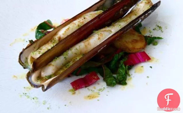 Grilled Madras Razor Clams With Sautéed Rainbow Chard And Corni