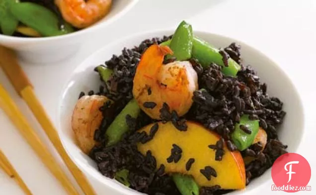 Black Forbidden Rice with Shrimp, Peaches, and Snap Peas