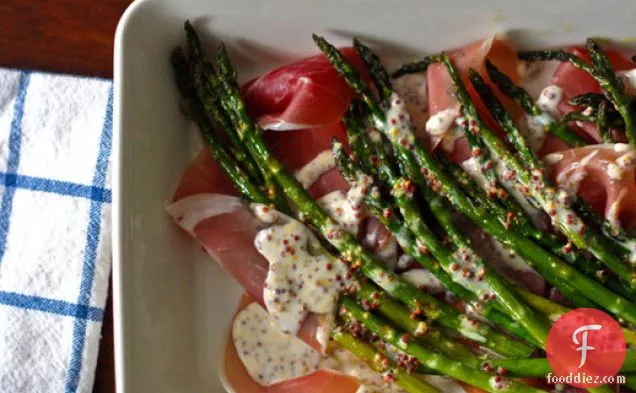 Dinner Tonight: Asparagus with Crème Fraiche Mustard Sauce and Prosciutto