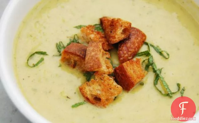 Chilled Summer Squash Soup with Yogurt, Mint, and Sourdough Croutons