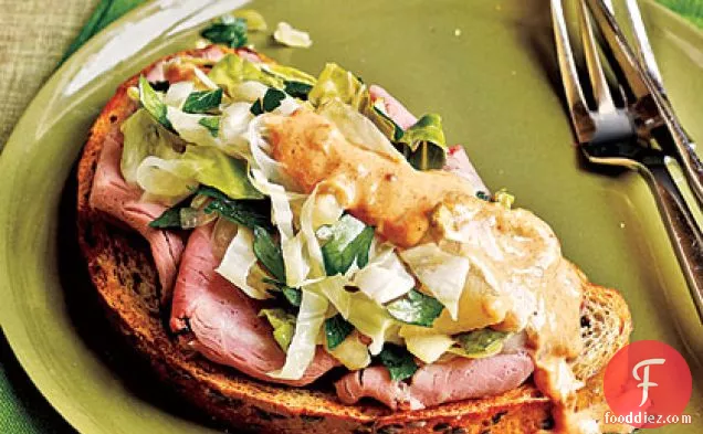 Open-Faced Roast Beef Sandwiches with Braised Cabbage Slaw & Russian Dressing