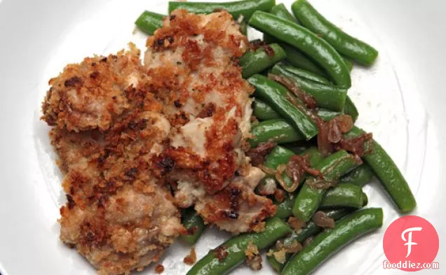 Mario Batali's Chicken Thighs with Garlicky Crumbs and Snap Peas