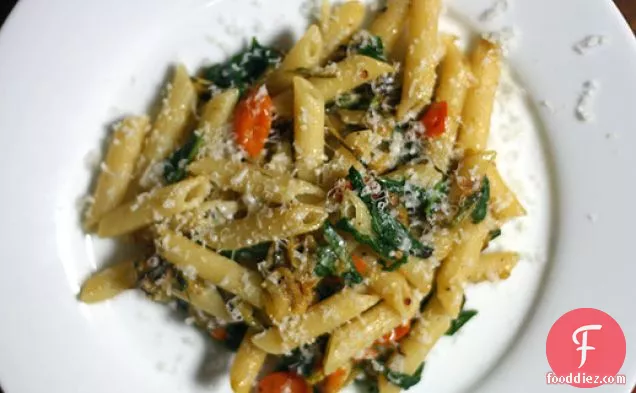 Penne with Fried Zucchini, Sun Golds, and Arugula