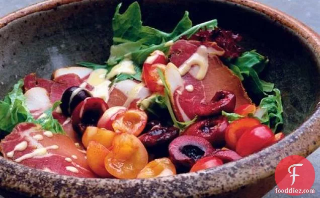 Nigel Slater's Salad of Summer Leaves, Cured Pork, and Cherries
