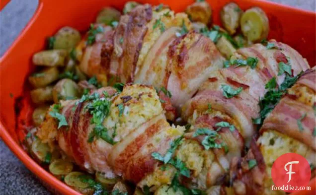 Bacon-Wrapped Chicken, Cheddar, and Jalapeno Parcels With Fingerling Potatoes