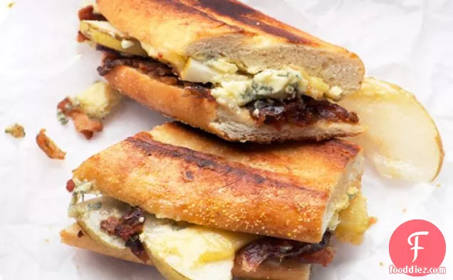 Pressed Stilton, Pear, Date, and Bacon Sandwiches