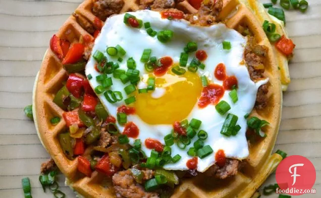 Herb Waffles with Sausage, Peppers, and a Fried Egg