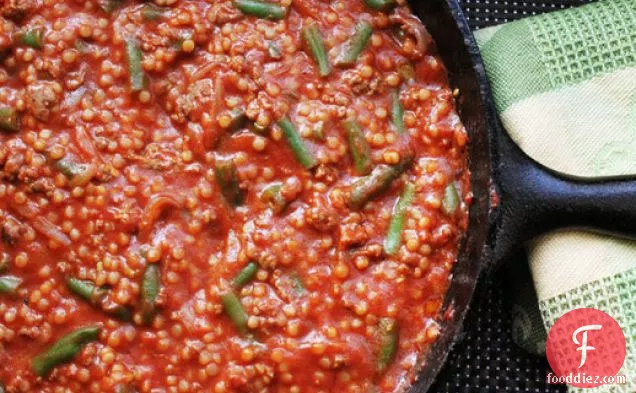Skillet Ground Lamb with Tomato Sauce, Green Beans, and Couscous