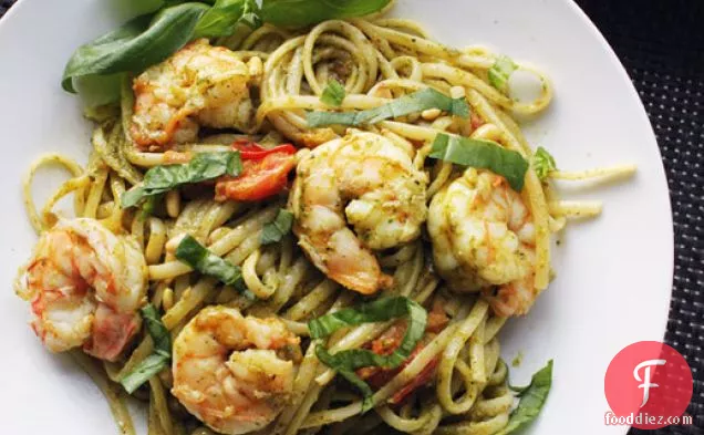 Skillet Pesto Pasta with Shrimp and Pine Nuts