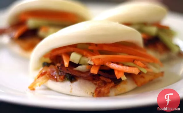 Bacon and Kimchi Steamed Buns with Carrot and Cucumber Slaw