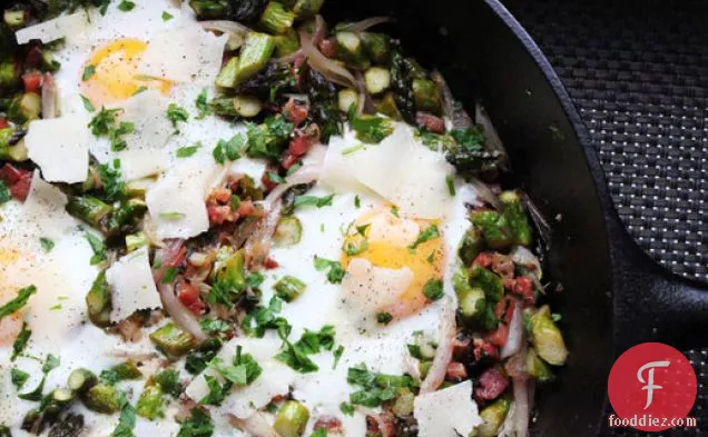 Skillet Eggs with Asparagus, Pancetta, and Parmesan