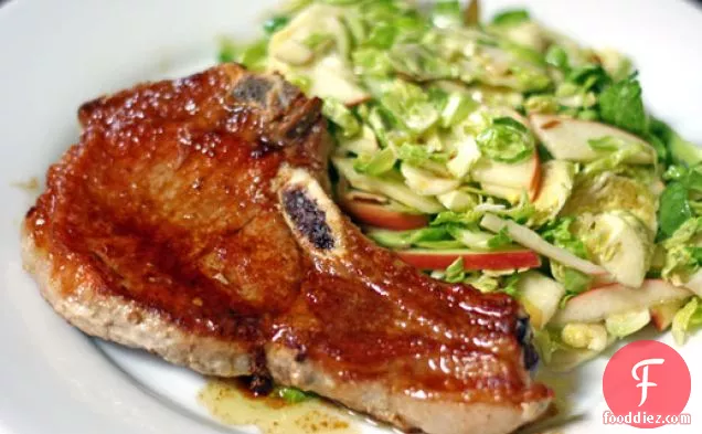 Pork Chops with Shaved Brussels Sprouts and Apple Salad