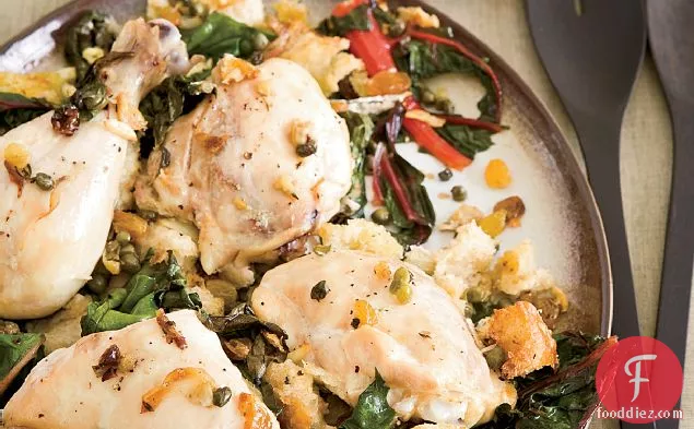 Chicken Baked on a Bed of Bread and Swiss Chard