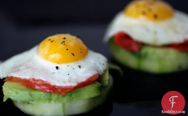 Quail Egg Canapés with Smoked Salmon, Avocado and Pickled Cucumbers