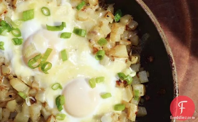 Soft-Cooked Eggs on Cheesy Skillet Hash