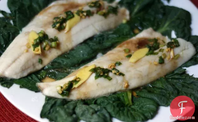 Steamed Walleye with Tatsoi, Ginger, and Scallions