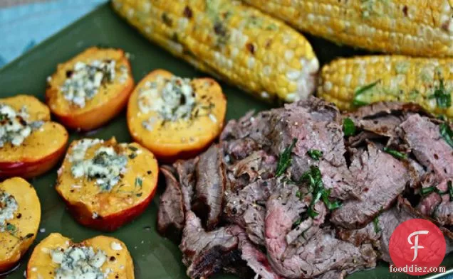Flank Steak With Blue Cheese-Honey Nectarines and Basil-Buttered Corn