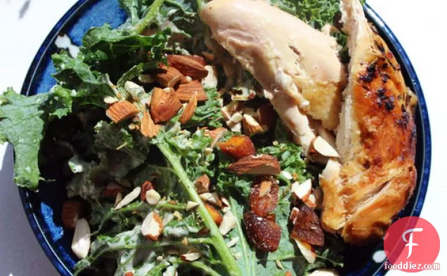 Make-Ahead Roast Chicken and Kale Salad with Tahini, Apricots, and Almonds