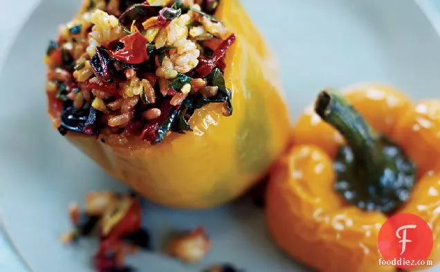 Stuffed Yellow Peppers with Spicy Swiss Chard and Scallion Pilaf