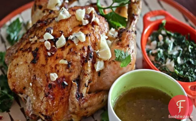 Thyme-Roasted Chicken With Blue Cheese, Hazelnuts And Creamed Kale