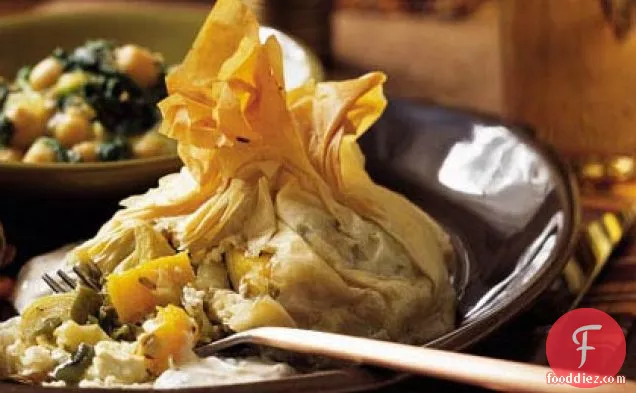 Phyllo Purses with Roasted Squash, Peppers, and Artichokes
