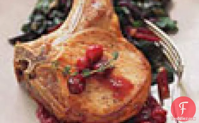 Pan-Roasted Pork Chops with Cranberries and Red Swiss Chard