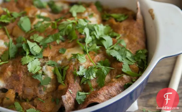 Swiss Chard And Black Bean Enchiladas With Chipotle Rhubarb Sauce