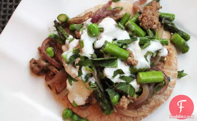 Skillet Ground Lamb with Asparagus, Peas, and Tzatziki Sauce